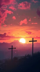 Wall Mural - calvary sunset background for good friday he is risen