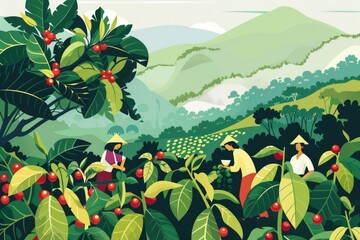 Poster - Group of people harvesting cherries, suitable for food and agriculture concepts