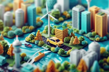 Poster - A detailed city model featuring a wind turbine. Perfect for urban planning projects
