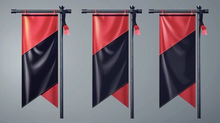 Wall Mural - Flags and banners made of red and black vinyl hang from a metal pole. Modern realistic poster template made of fabric advertising striped canvas pennants.