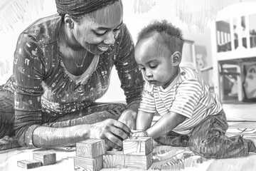 Poster - A woman and a child playing with colorful blocks. Suitable for educational concepts