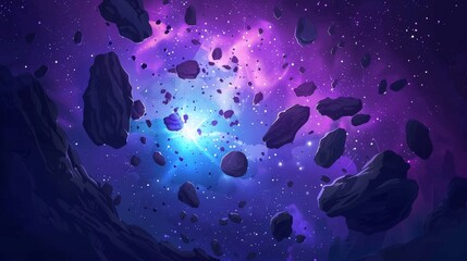 Wall Mural - A fantasy alien world, cosmos view, modern illustration in blue space with glowing galaxy nebula, flying rocks, and planets.