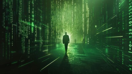 Wall Mural - walking man, Green number and code matrix background,