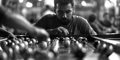 Poster - Black and white image of a man playing chess, suitable for strategy and intelligence concepts