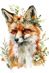 Aufkleber - Beautiful watercolor painting of a fox with a wreath of flowers. Ideal for nature and animal-themed designs