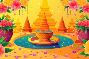 Poster - A beautiful fountain surrounded by colorful flowers, perfect for garden design projects