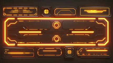 Poster - Overlay for game streams with yellow neon glow. Twitch streaming screen, username menu and buttons. Cartoon modern set for esport, online video, and digital user interfaces.