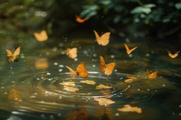 Aufkleber - A group of butterflies gracefully flying over a serene body of water. Ideal for nature and wildlife concepts