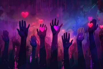 Poster - A group of people raising their hands in the air. Ideal for concepts of teamwork and success