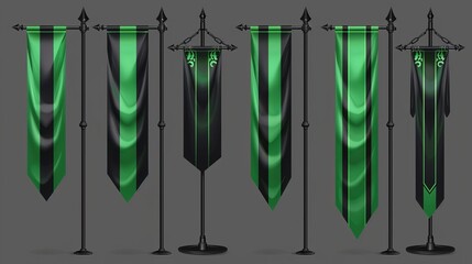 Poster - An advertising striped canvas pennant hanging on a metal frame and stand with green and black vinyl flags and set banners. Modern realistic template with fabric promotion posters, banners.