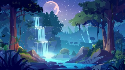 Sticker - A summer forest scene with cascading waterfalls at night. Dark woods landscape with water falling from rocks, a lake, trees, bushes, modern cartoon illustration.