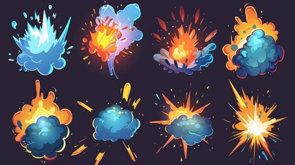 Wall Mural - A modern animation of a magic explosion, light flash, or energy burst with blue smoke clouds on a dark background. Modern sets of blast effects for 2D game animations isolated on a white background.