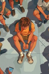 Poster - A group of people sitting on the ground, engrossed in their cell phones. Suitable for technology and social media concepts