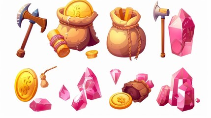 Wall Mural - UI item icons: dynamite, gold coins in a sack, pickaxe, and pink crystals. 3D cartoon set of gold mine items, money, pick, and gem stones.