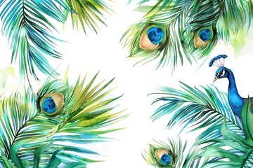 Wall Mural - Colorful watercolor painting featuring peacocks and palm leaves, suitable for various design projects