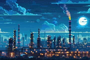Poster - Industrial oil refinery at night under full moon, suitable for energy or industrial concepts
