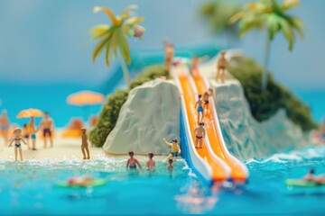 Aufkleber - A detailed miniature model of a beach with a fun water slide, ideal for travel brochures or vacation-themed designs