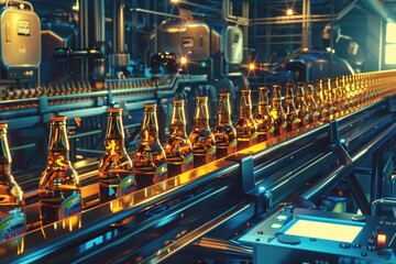 Poster - Line of beer bottles on a conveyor belt, suitable for industrial and manufacturing themes