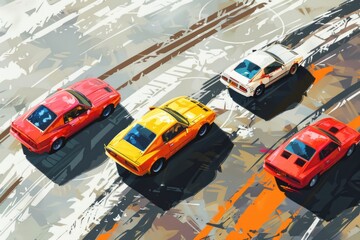 Aufkleber - Painting of multiple cars on a street, suitable for transportation concepts