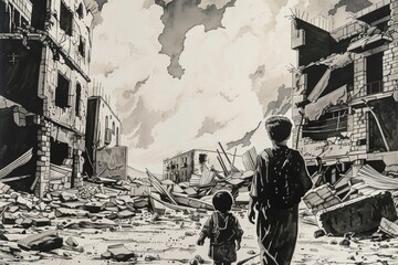 Poster - Illustration of a man and child navigating through a post-apocalyptic urban landscape. Suitable for depicting themes of survival and resilience