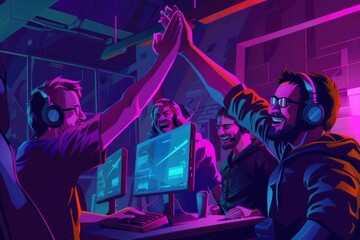 Poster - Group of people gathered around a computer, suitable for business or technology concepts