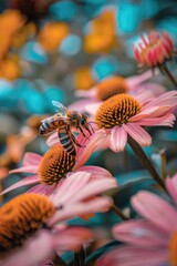 Poster - Two bees perched on a vibrant pink flower, perfect for nature and garden designs