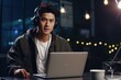 © shelbys - Attractive Young Man Working on Laptop in Coffee Shop Fictional Character Created By Generative AI.