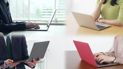 Aufkleber - Collage video of scenes of group of people using laptops. Blur transition from white background.