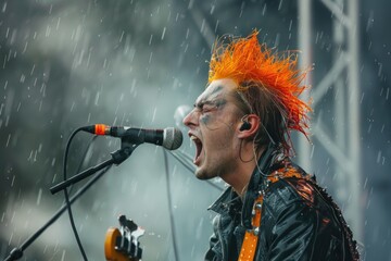 Poster - A man with orange hair singing into a microphone. Ideal for music and performance concepts