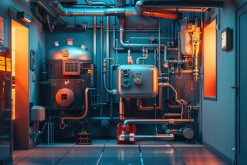 Poster - Interior with industrial pipes and water heater. Suitable for plumbing and construction concepts