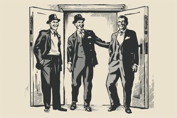 Poster - Three men standing in front of an open door, suitable for business concepts
