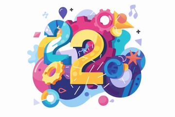 Poster - Colorful objects surrounding the number two, suitable for various design projects