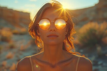 Wall Mural - A woman stands with the sun behind her in a desert landscape, showcasing a serene end to the day