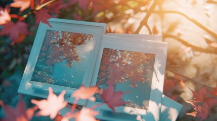 Leinwandbilder - A picture frame on a table next to a tree. Ideal for home decor concept