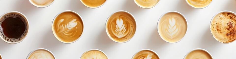 Set of paper cups with different latte or cappuccino coffee on a white background, different designs on the foam. view from above. 