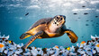 Image of a sea turtle swimming in an ocean filled with plastic waste.  Poster campaign of world of Ocean day in AI generated