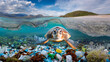 Image of a sea turtle swimming in an ocean filled with plastic waste.  Poster campaign of world of Ocean day in AI generated