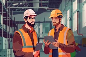 Aufkleber - Two men in safety vests looking at a tablet. Suitable for construction or technology concept