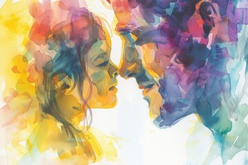 Poster - A painting of a man and a woman looking at each other. Suitable for relationship concepts