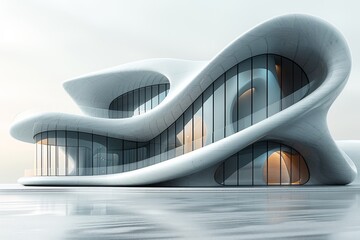 Poster - Image features a modern curvaceous structure of a futuristic building with smooth white surfaces