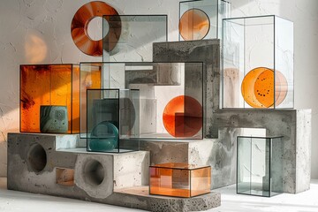 Poster - Unique display of orange and clear glass blocks arranged on concrete structures creating an abstract and artistic scene