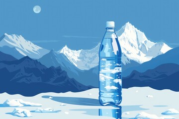 Poster - Clear plastic water bottle resting on snow-covered surface. Ideal for winter hydration concepts