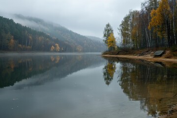 Poster - Serene lake surrounded by trees in the fog, ideal for nature backgrounds