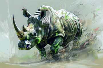 Sticker - A realistic digital painting of a rhino in its natural habitat. Perfect for wildlife enthusiasts