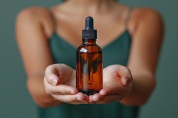 A person gently holds a dropper bottle, demonstrating its use and simplicity