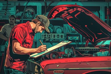 Poster - A man writing on a clipboard in front of a car. Suitable for automotive industry or insurance concepts
