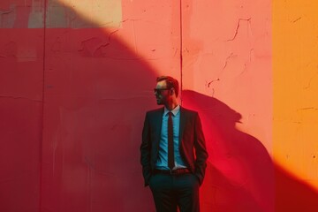 Poster - A man in a suit and tie leaning against a wall. Suitable for business concepts