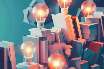 Aufkleber - A group of books with light bulbs on top, ideal for educational or creative concepts