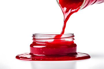 Spread of red sauce or jam with splashes isolated on white background