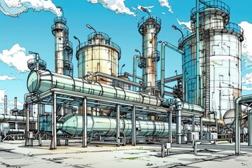 Poster - Detailed drawing of a factory with numerous pipes. Suitable for industrial concepts